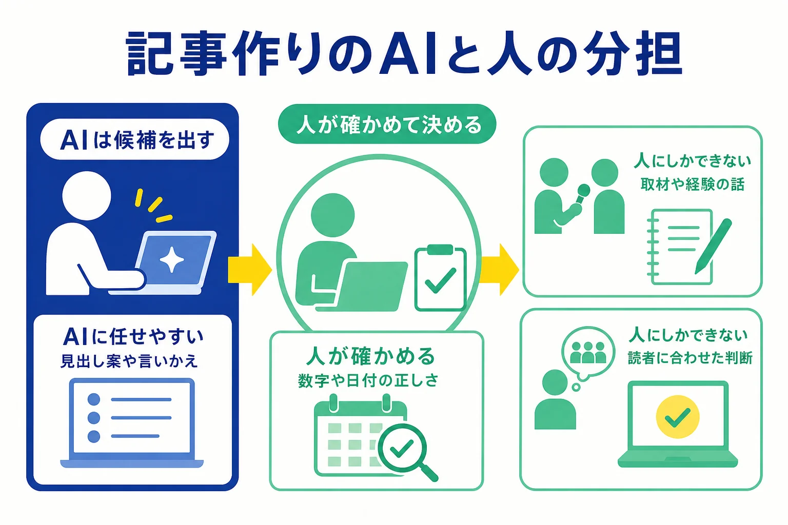 記事作りの工程を、AIに任せやすい・人が確かめる・人にしかできないの3つに分けた分担の図解