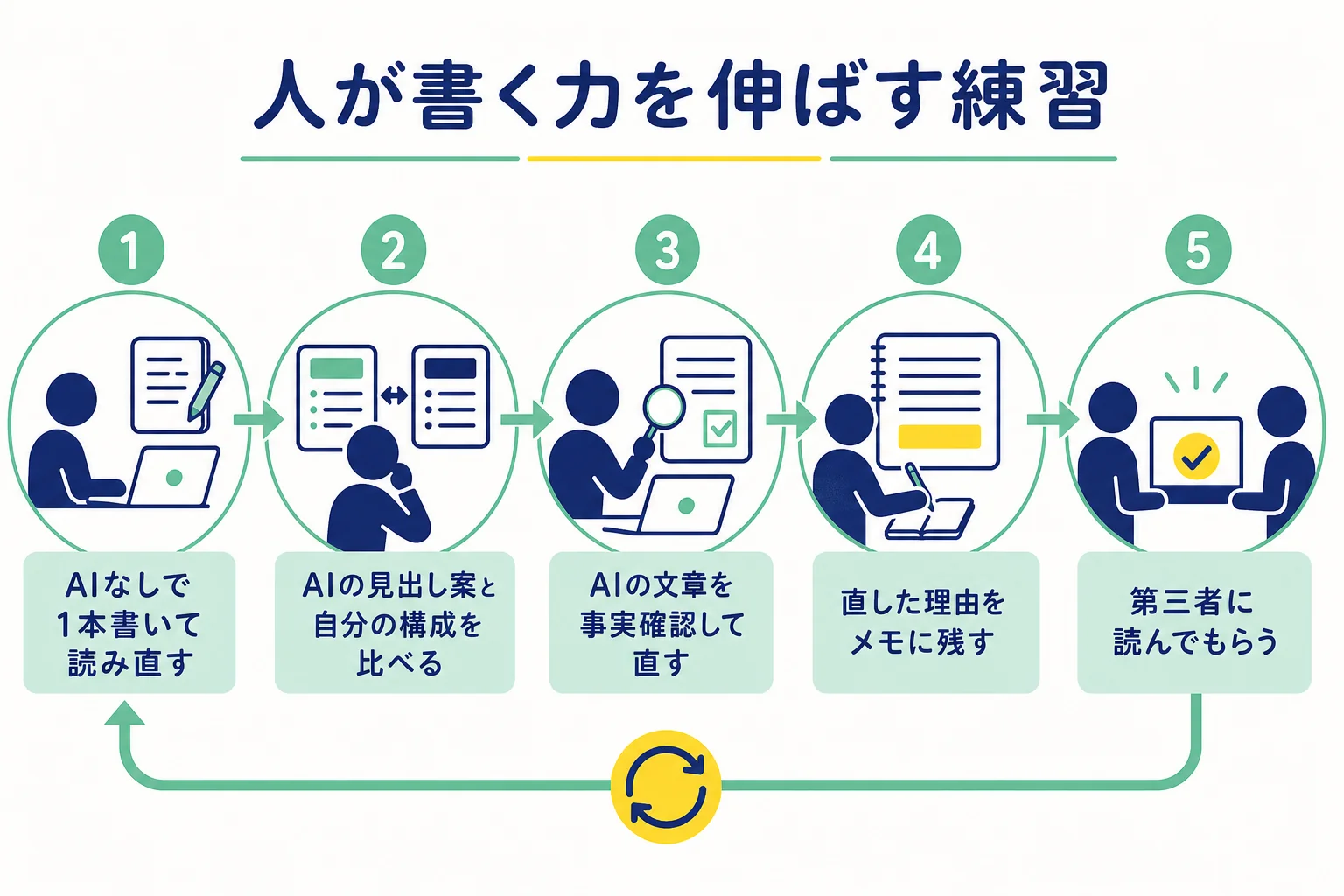 AIの時代にWebライターが人が書く力を伸ばす5つの練習の流れを示した図解