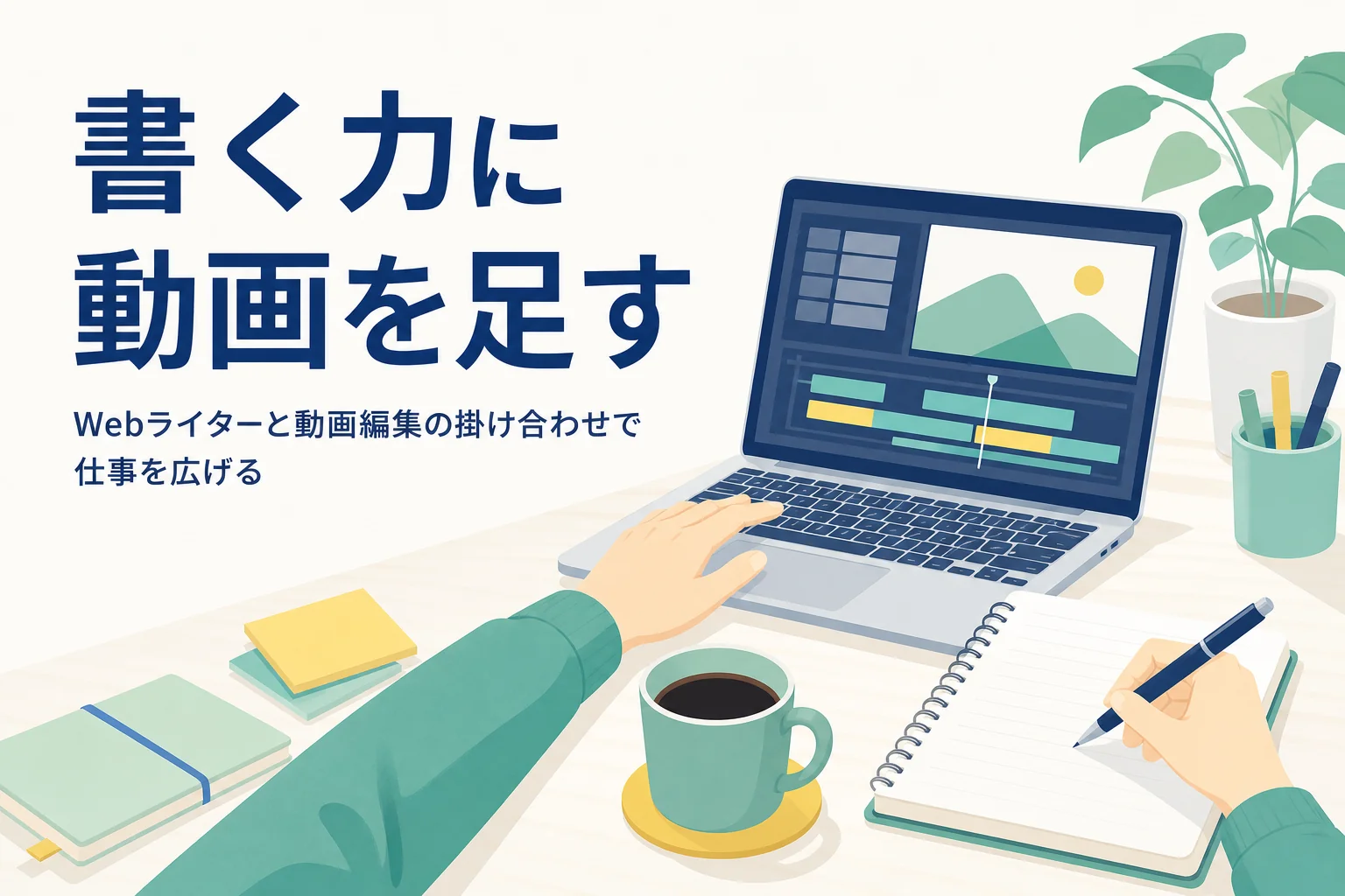 ノートパソコンで動画の編集をしながら、台本のノートを横に置いたWebライターの机