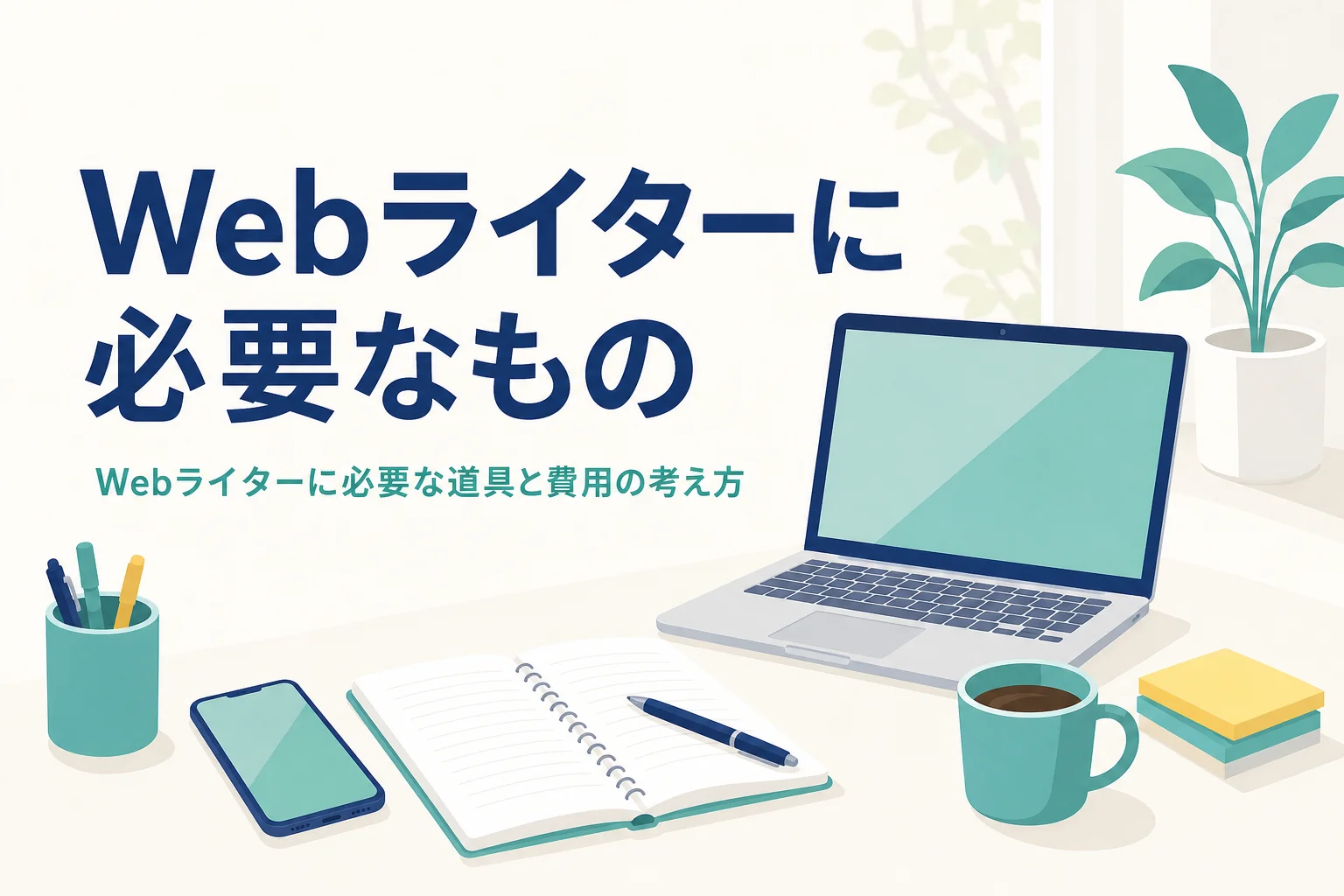 Webライターに必要なノートパソコンやノートが並んだ机の様子