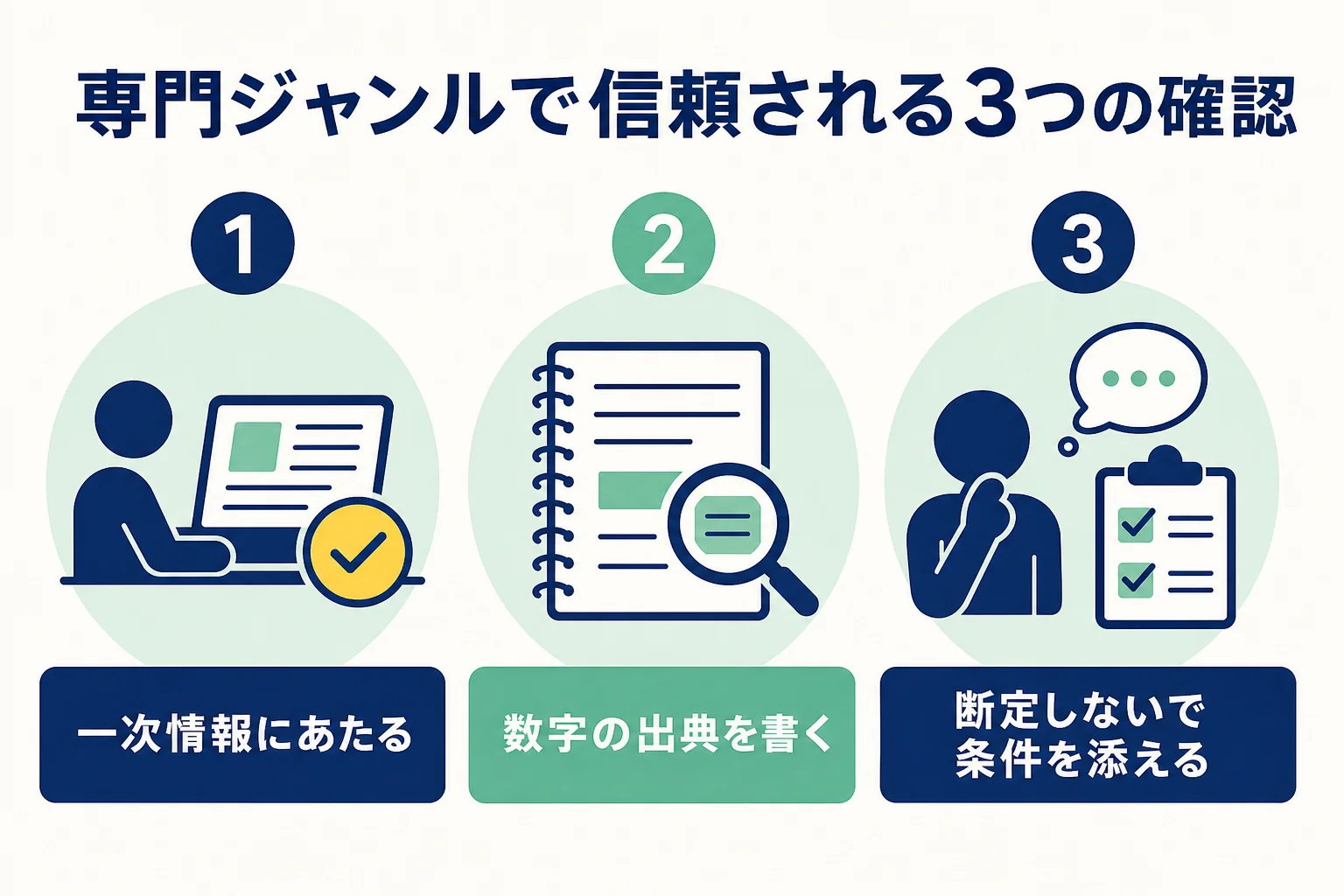 専門ジャンルで信頼される書き方を、一次情報にあたる・数字の出典を書く・断定しないの3点で示した図解