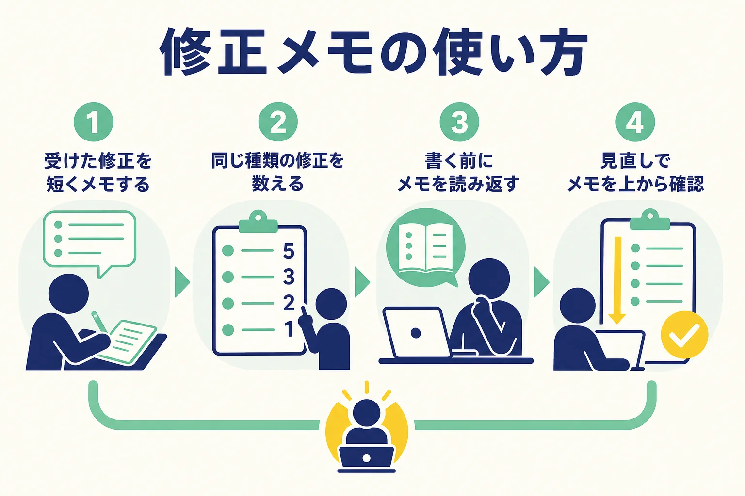 Webライターが受けた修正をメモに書きため、次の記事で防ぐまでの流れを示した図解