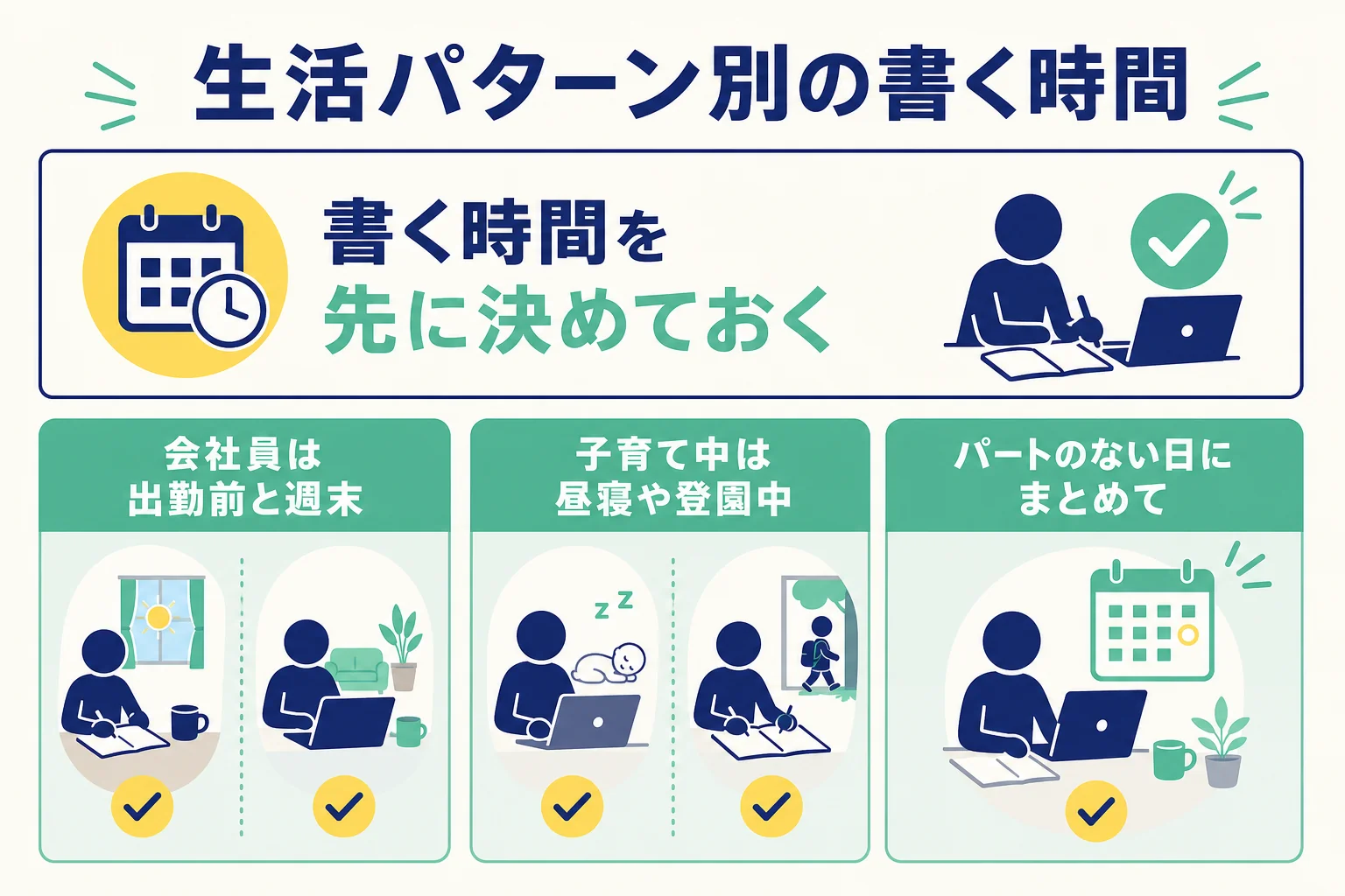 会社員・子育て中・パートと家事の両立という生活パターン別に書く時間の例を示した図解