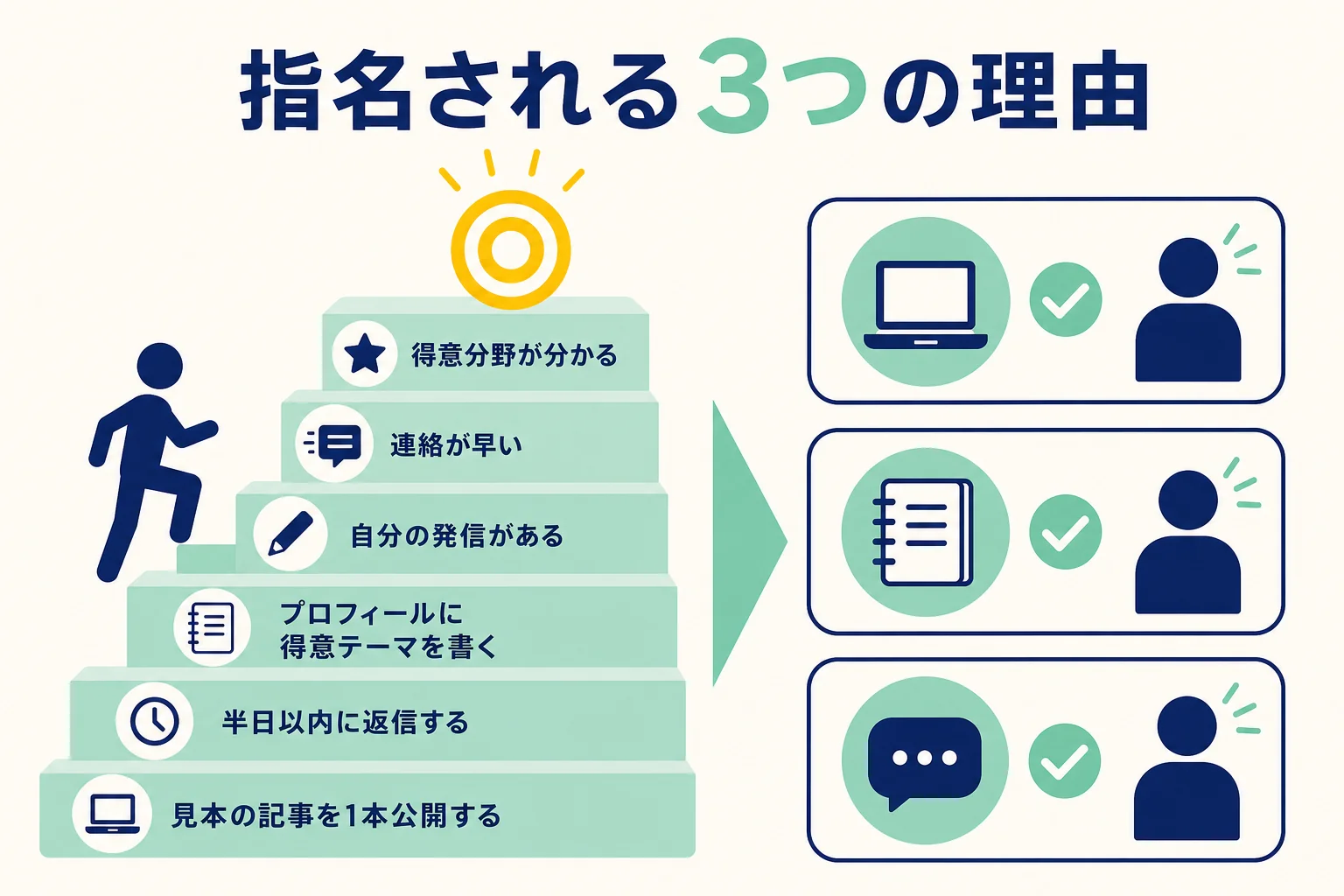 指名されるWebライターの3つの理由を、得意分野・連絡の早さ・自分の発信に分けて今日からできる行動と並べた図解
