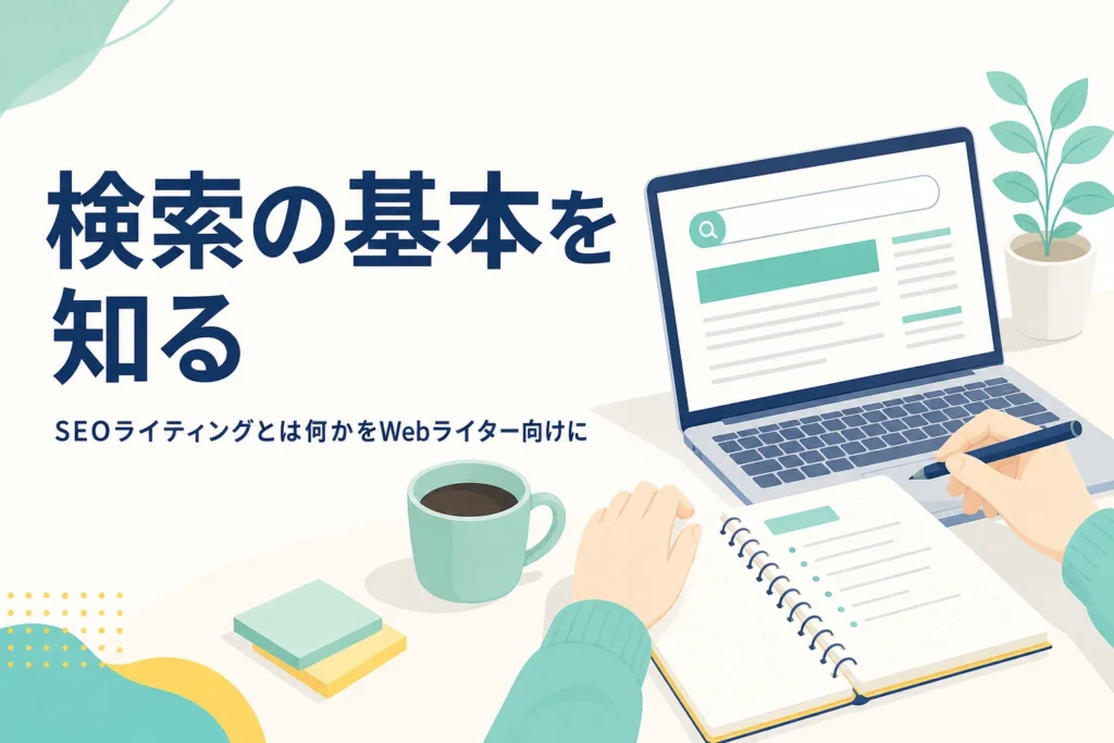 検索の画面を開いたノートパソコンと、見出しを書き出したノートが置かれた机