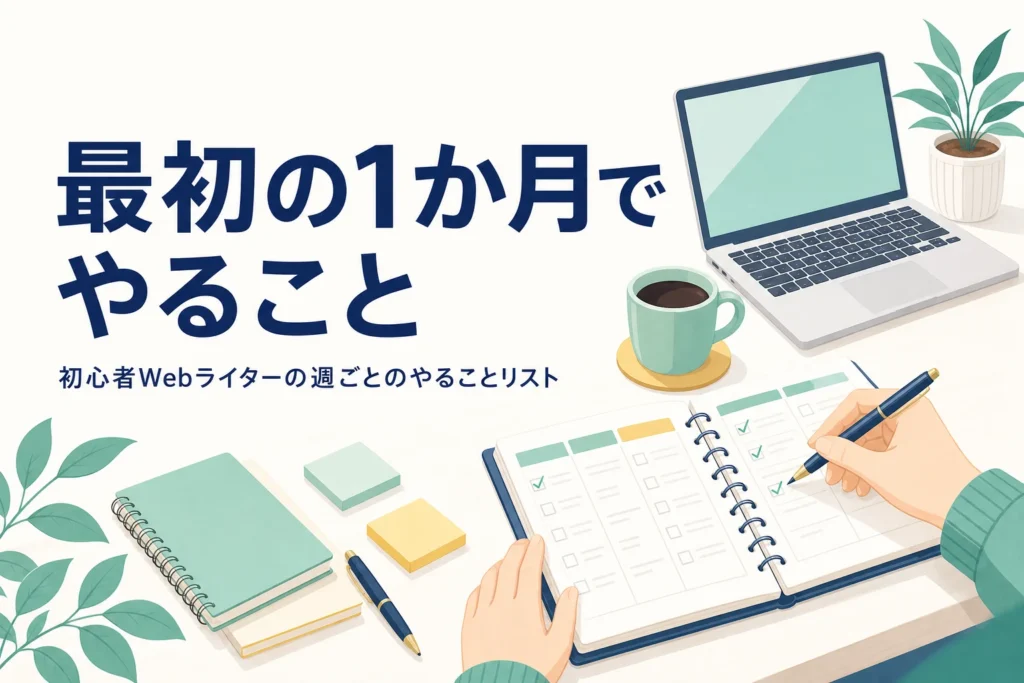 初心者のWebライターが最初の1か月でやることを週ごとに解説する記事のアイキャッチ