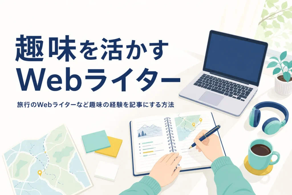 旅行や音楽などの趣味の経験を記事にまとめる机の様子