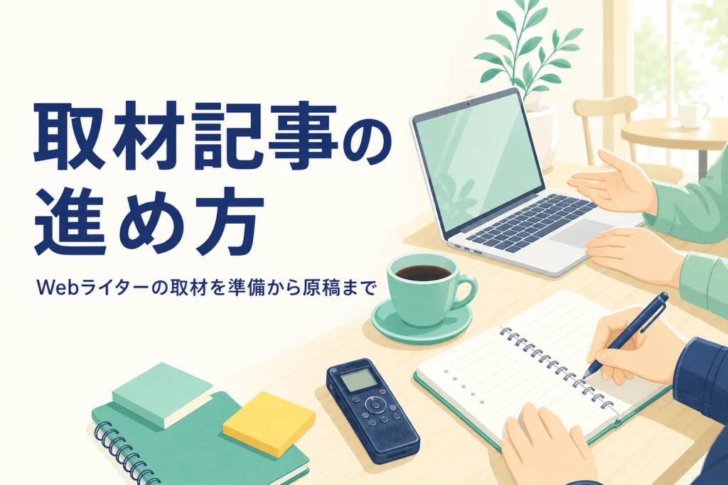 質問を書いたノートと録音機、ノートパソコンが置かれた取材中の机の様子