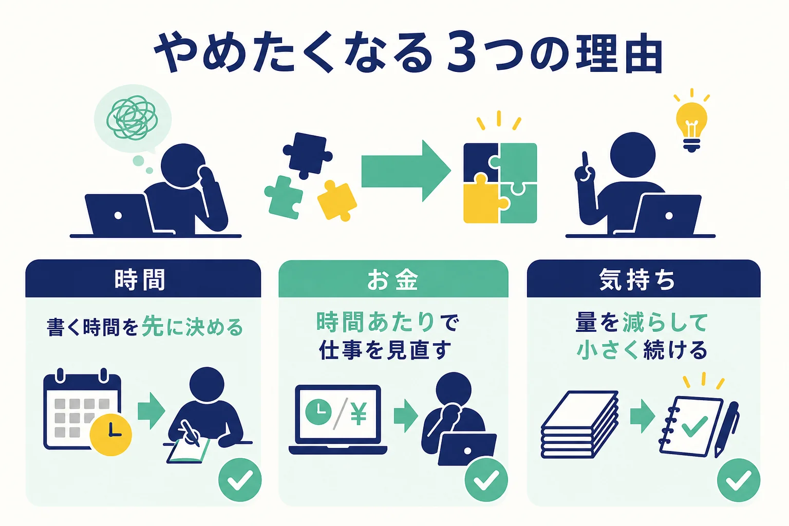 Webライターをやめたくなる理由を時間・お金・気持ちの3つに分け、それぞれの立て直し方を示した図解