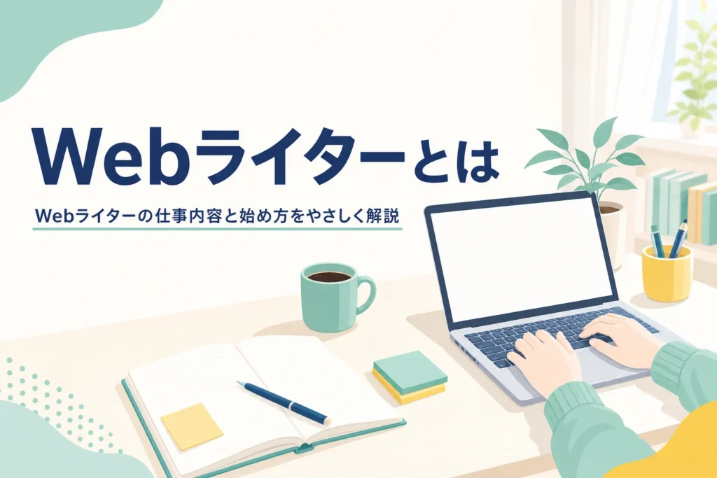 Webライターとはどんな仕事かを解説する記事のアイキャッチ。机の上のノートパソコンとノート