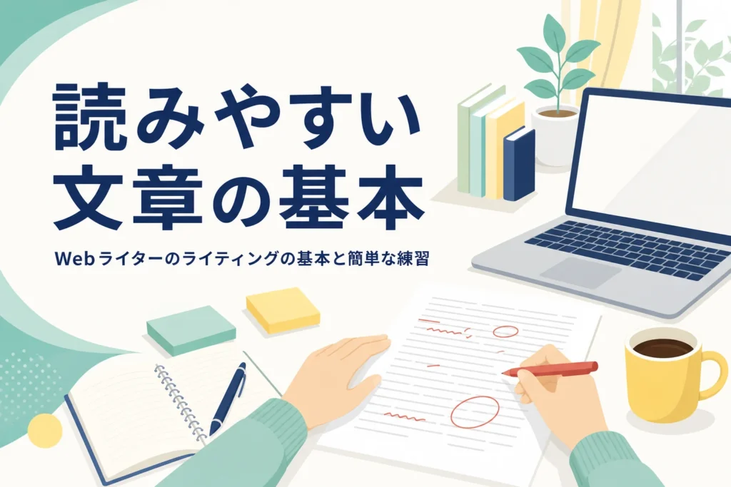 赤ペンで書き直した原稿とノートパソコンが置かれた、文章の練習をする机