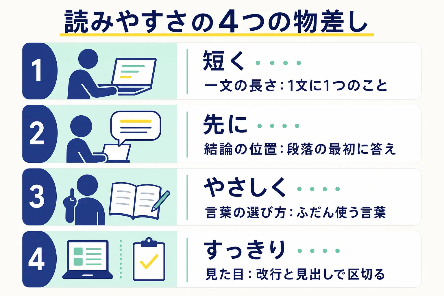 読みやすい文章を、一文の長さ・結論の位置・言葉の選び方・見た目の4つの物差しに分けた図解