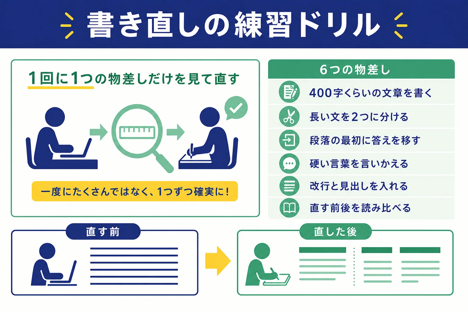 自分の文章を4つの物差しで1回ずつ書き直す練習ドリルの流れを示した図解